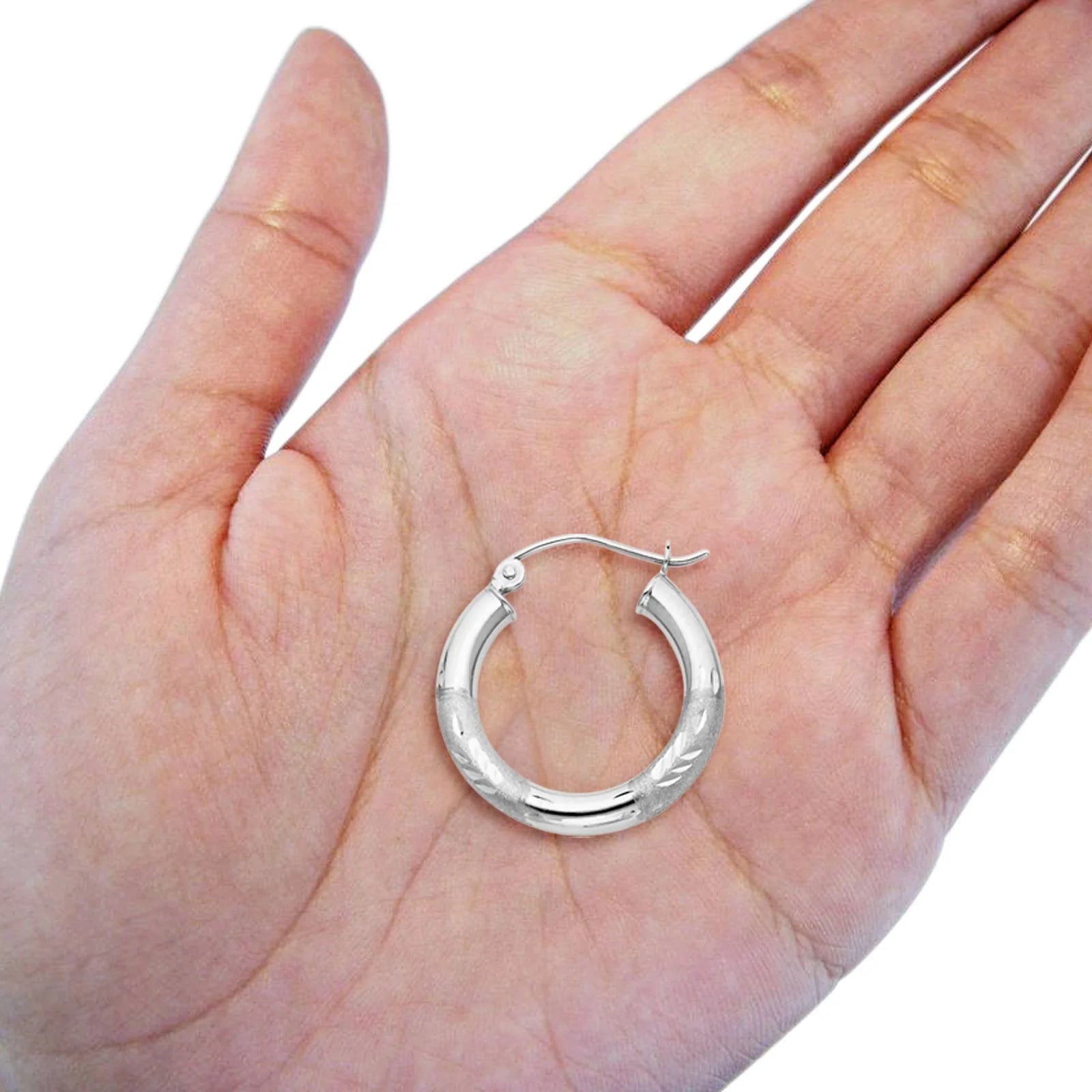 14K White Gold Diamond Cut 3mm Snap Closure Hoop Earrings Hinged 1.3grams 20mm