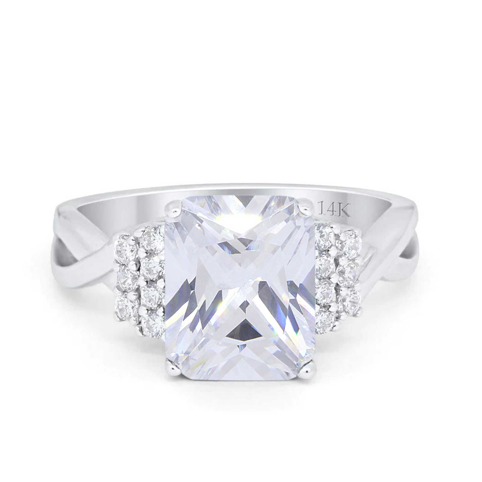14K Gold Art Deco Emerald Cut Simulated Cubic Zirconia Wedding Engagement Ring