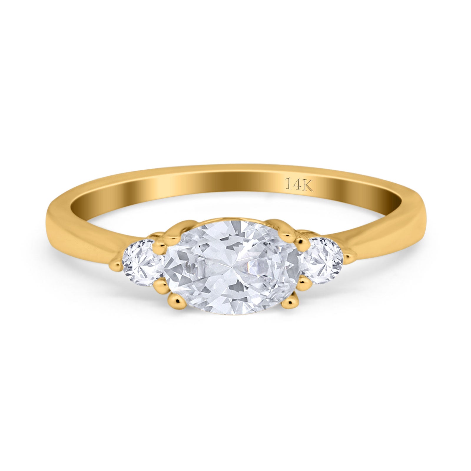 14K Gold Three Stone Oval Simulated Cubic Zirconia Wedding Engagement Ring