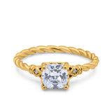 14K Gold Art Deco Cushion Shape Three Stone Bridal Simulated Cubic Zirconia Wedding Engagement Ring