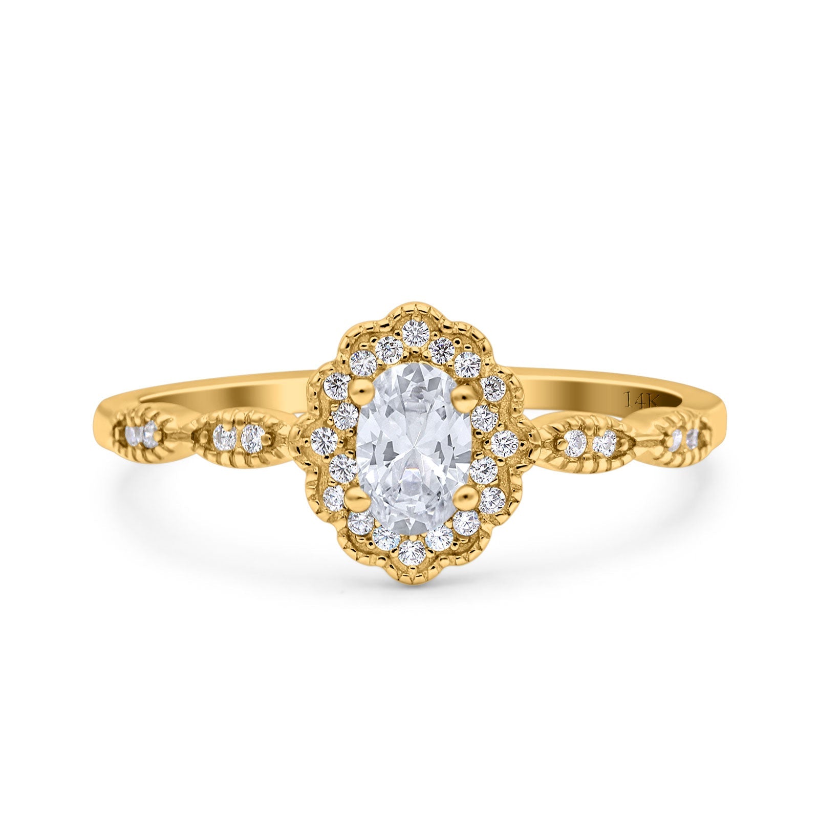 14K Gold Halo Vintage Floral Art Deco Oval Shape Bridal Simulated CZ Wedding Engagement Ring