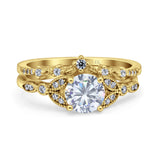 14K Gold Two Piece Vintage Style Bridal Set Round Simulated Cubic Zirconia Wedding Ring