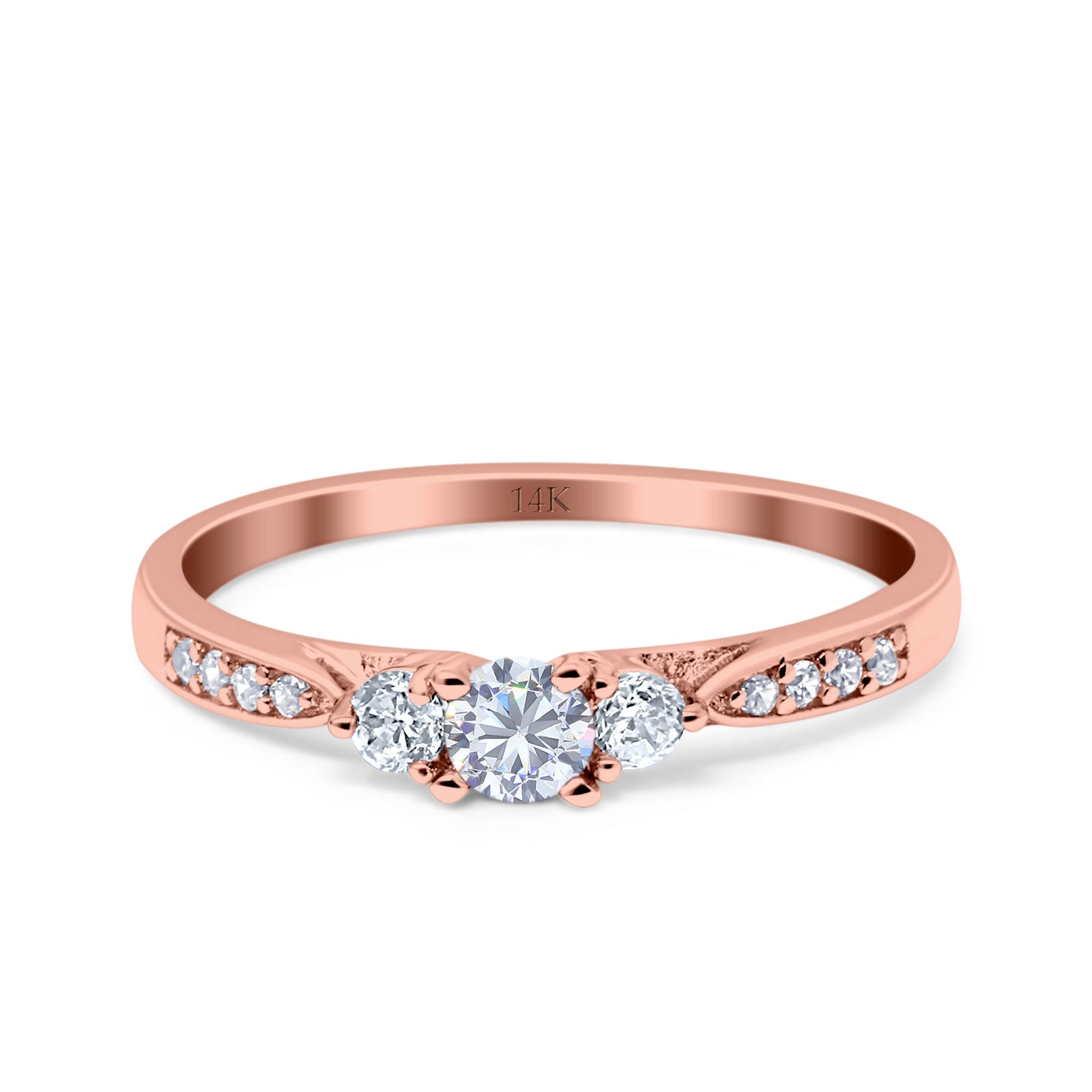 14K Gold Three Stone Round Shape Promise Bridal Simulated Cubic Zirconia Wedding Engagement Ring