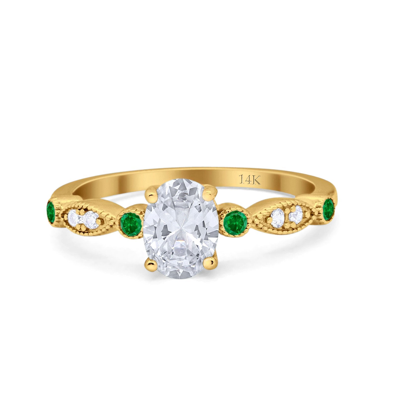 14K Gold Vintage Style Oval Shape Bridal Green Emerald Simulated Cubic Zirconia Wedding Engagement Ring
