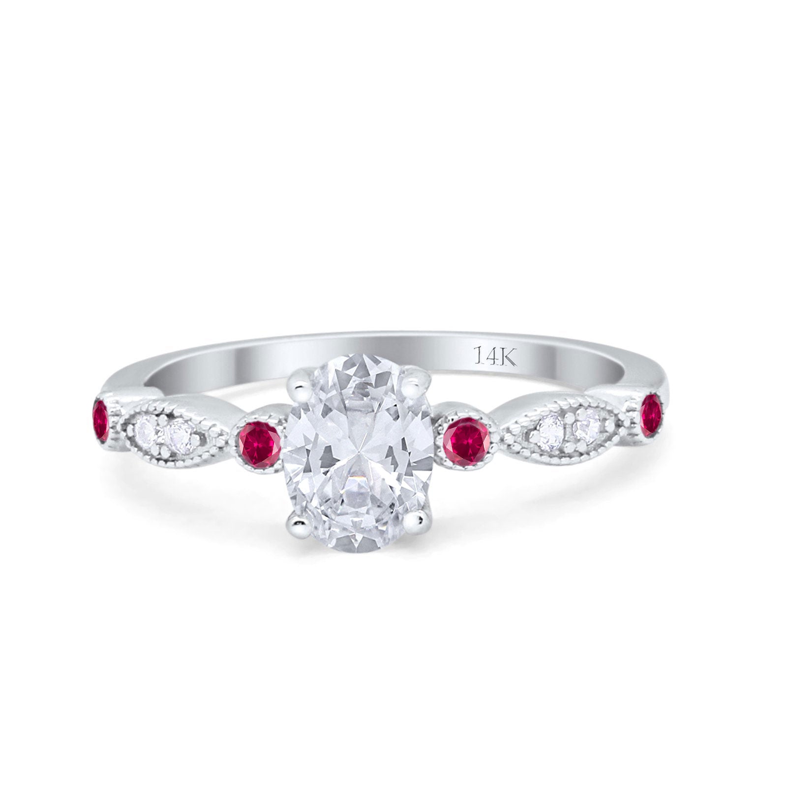 14K Gold Vintage Style Oval Shape Bridal Ruby Simulated Cubic Zirconia Wedding Engagement Ring
