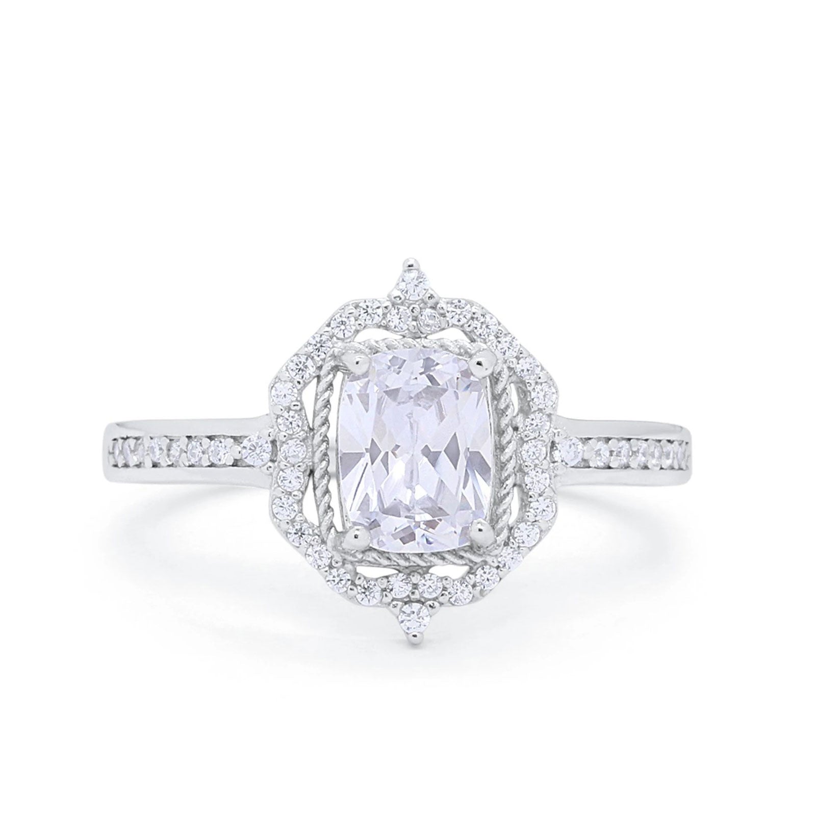 14K Gold Halo Emerald Cut Shape Bridal Simulated Cubic Zirconia Wedding Engagement Ring