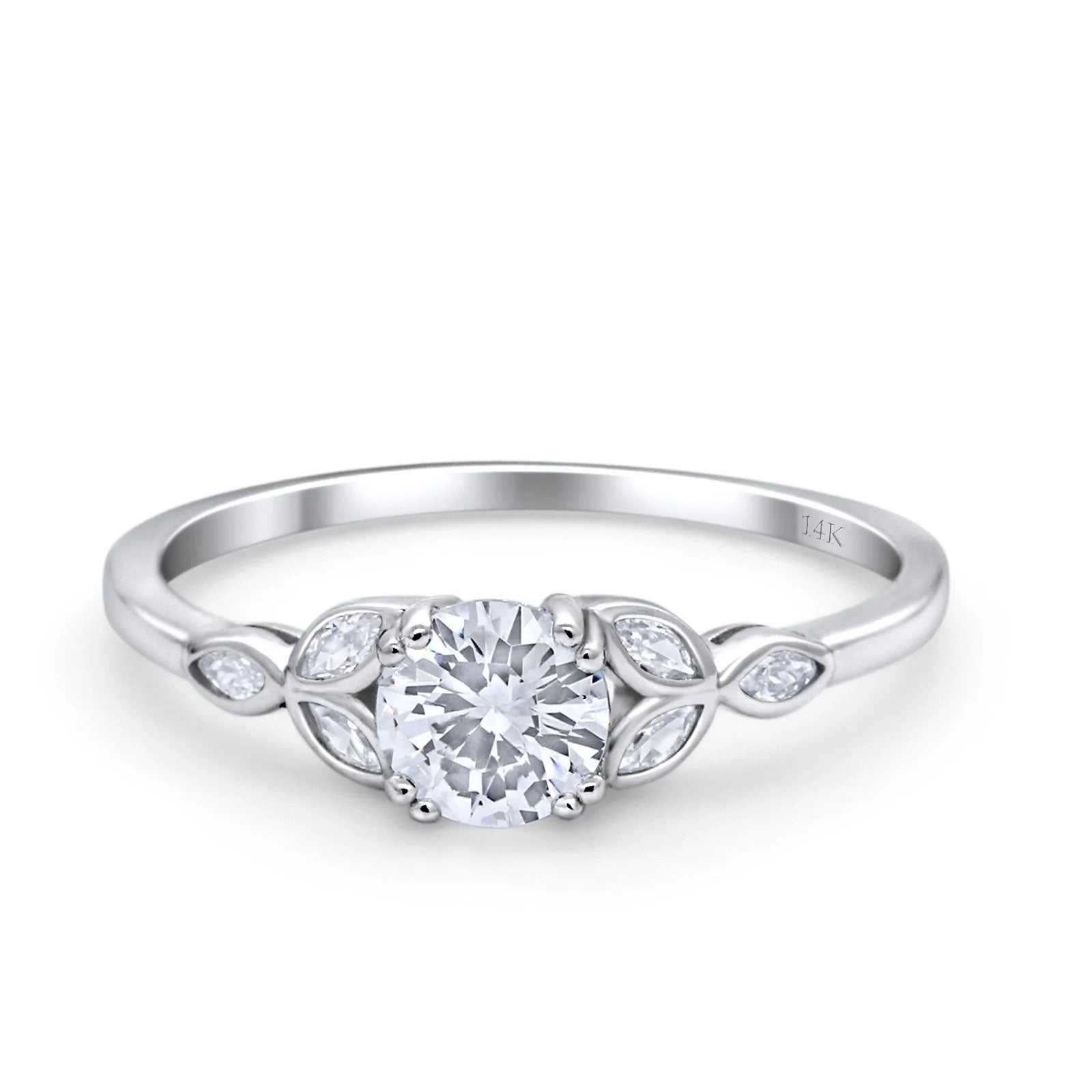 14K Gold Vintage Art Deco Round Shape Simulated Cubic Zirconia Wedding Engagement Ring