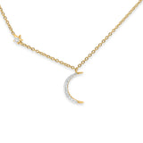 14K Gold 0.07ct Diamond Star Crescent Moon Trendy Necklace 18" Long