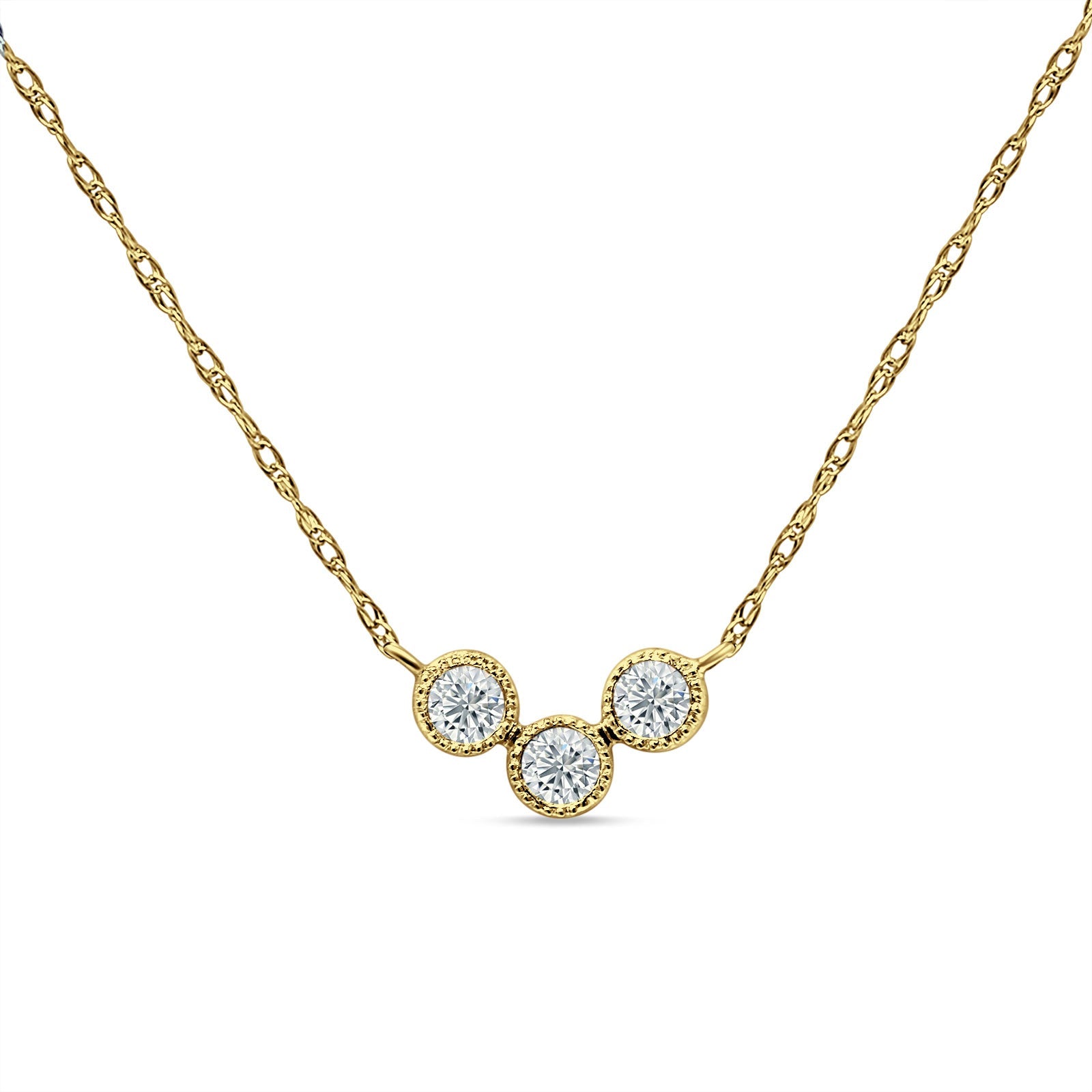 14K Gold 0.13ct Three Stone Diamond Pendant Chain Necklace 18" Long