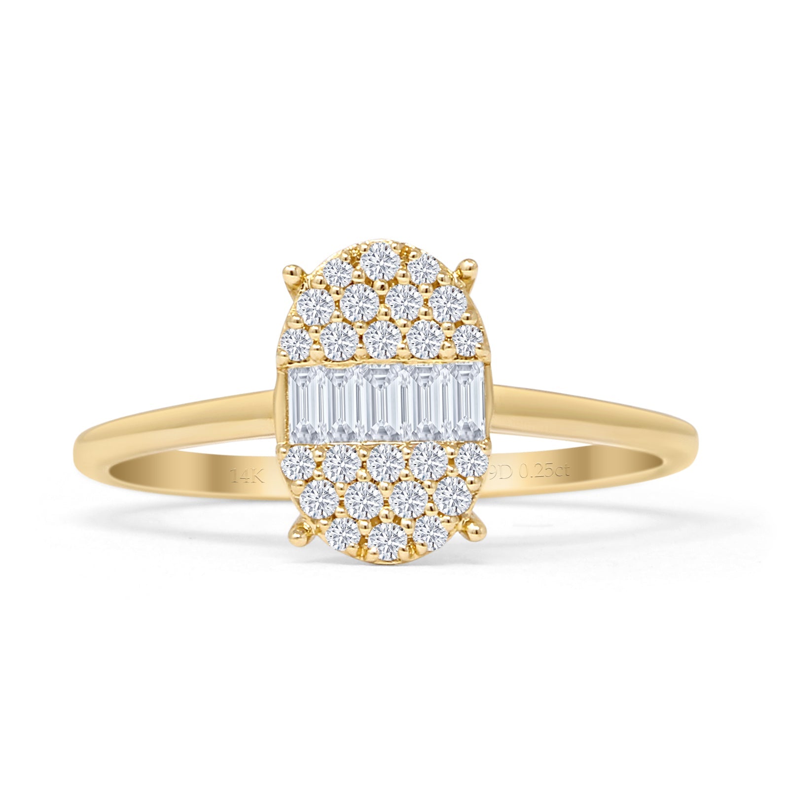 Oval Shaped Cluster 0.25ct Baguette & Round Diamond Ring 14K Gold