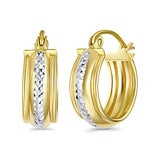 14K Two Tone Gold 15mm Thickness Diamond Cut Huggie Hoop Earrings (15mm Diameter)