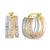 14K Tri Color Gold Round CZ Hoop Huggie Earrings Best Birthday Gift for Her