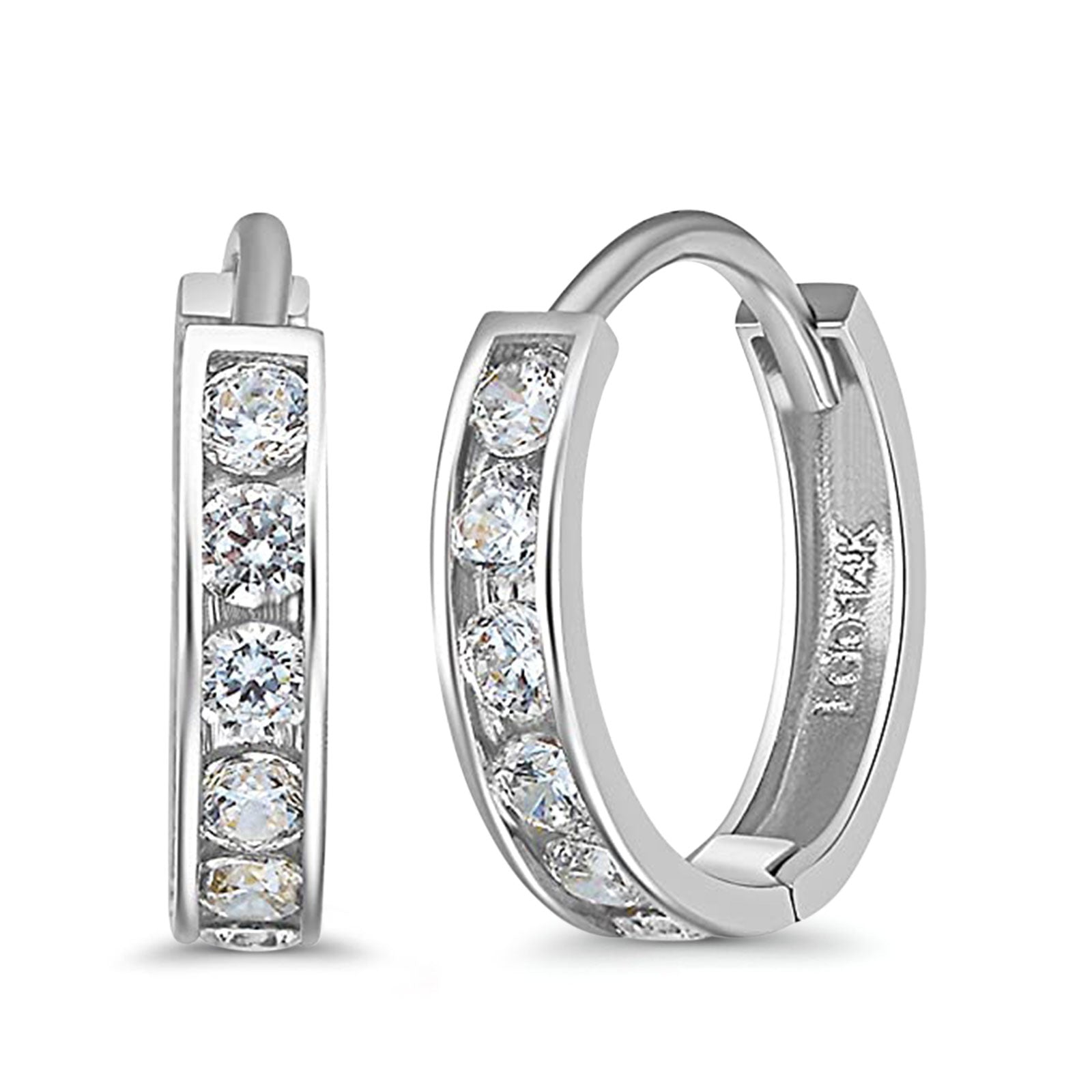 14k White Gold Half Eternity Round CZ Channel Set Hoop Huggie Earrings - 3 Differnet Size Available, Best Birthday Gift for Her
