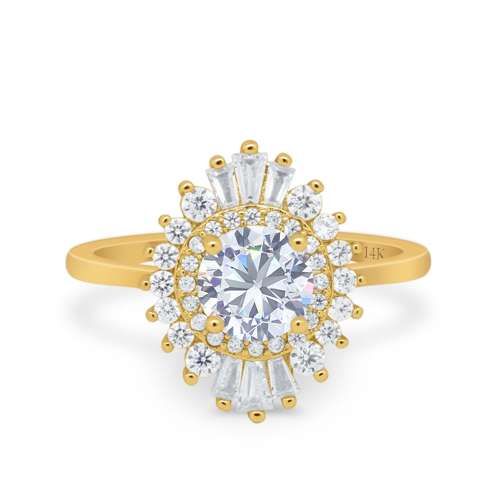 14K Gold Art Deco Round Shape Bridal Simulated Cubic Zirconia Wedding Engagement Ring