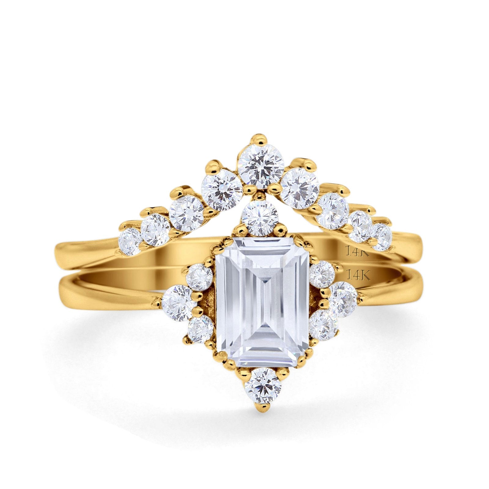 14K Gold Emerald Cut Shape Art Deco Two Piece Bridal Set Ring Engagement Band Simulated CZ