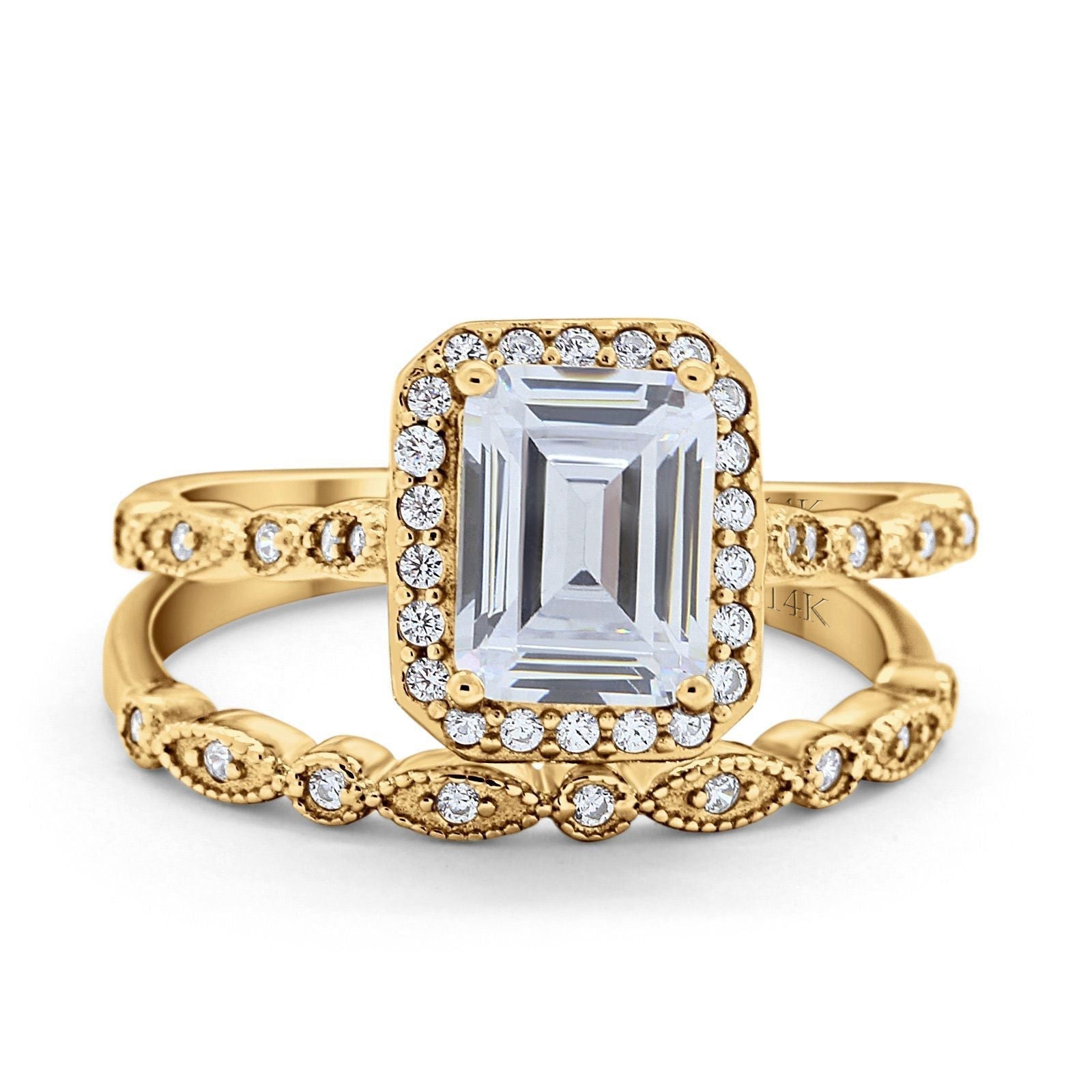 14K Gold Emerald Cut Shape Simulated Cubic Zirconia Bridal Set Engagement Two Piece Band Ring