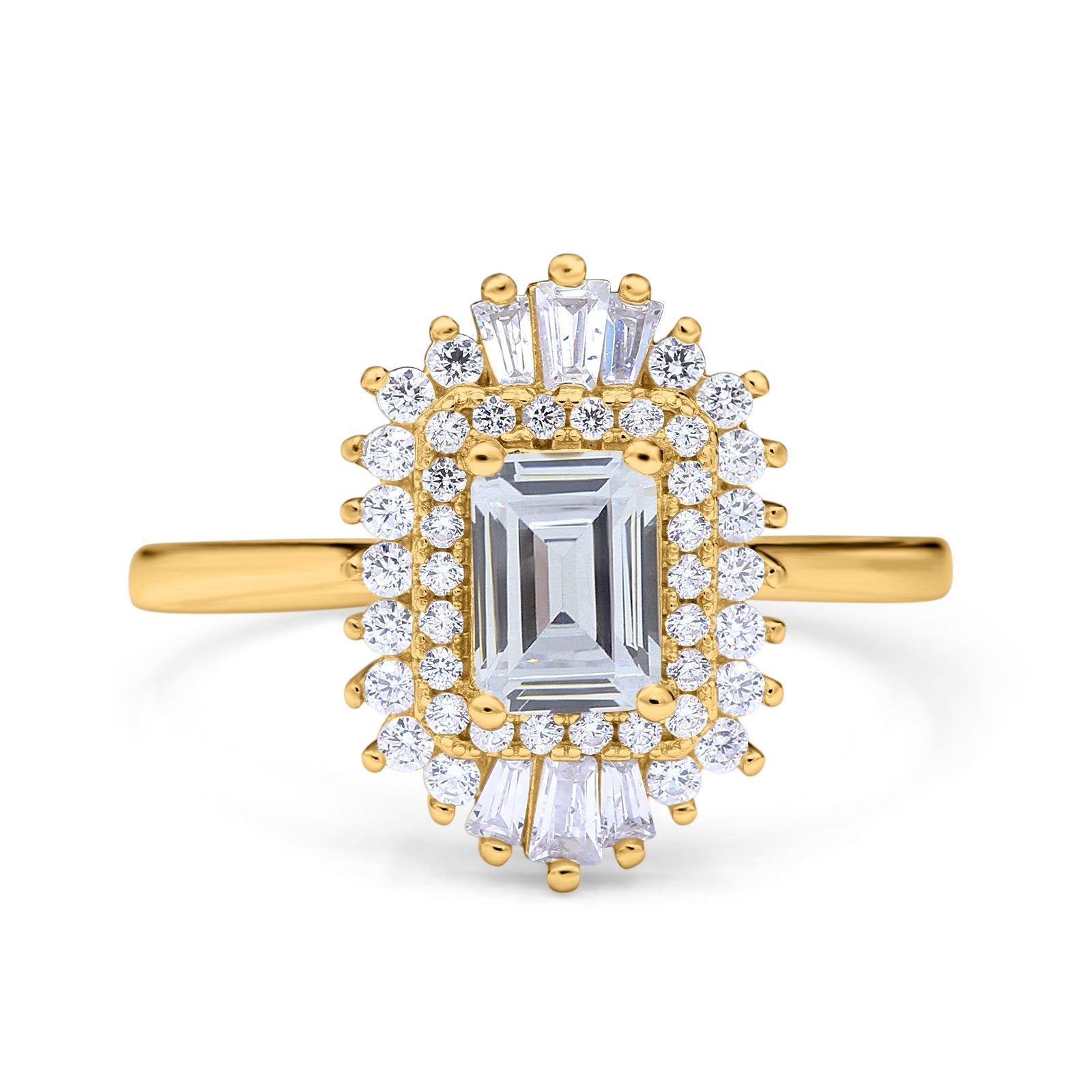 14K Gold Emerald Cut Shape Vintage Simulated Cubic Zirconia Wedding Ring