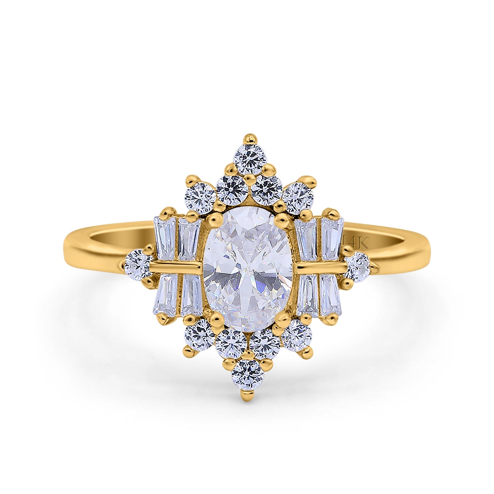 14K Gold Oval Cut Shape Halo Vintage Bridal Wedding Engagement Ring Simulated CZ