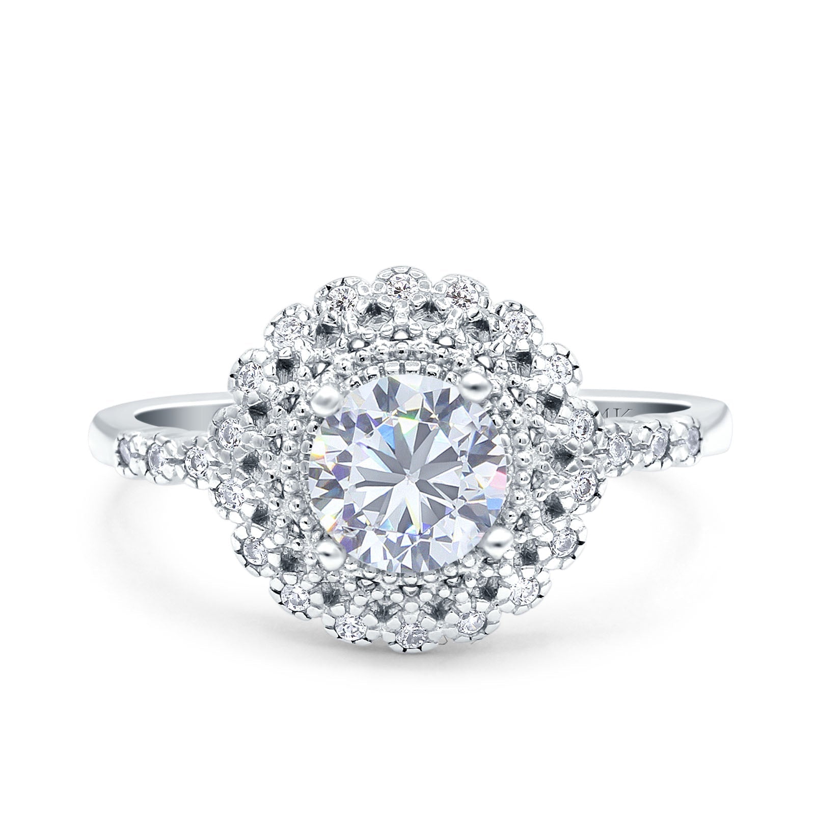 14K Gold Halo Art Deco Round Shape Simulated Cubic Zirconia Bridal Wedding Engagement Ring