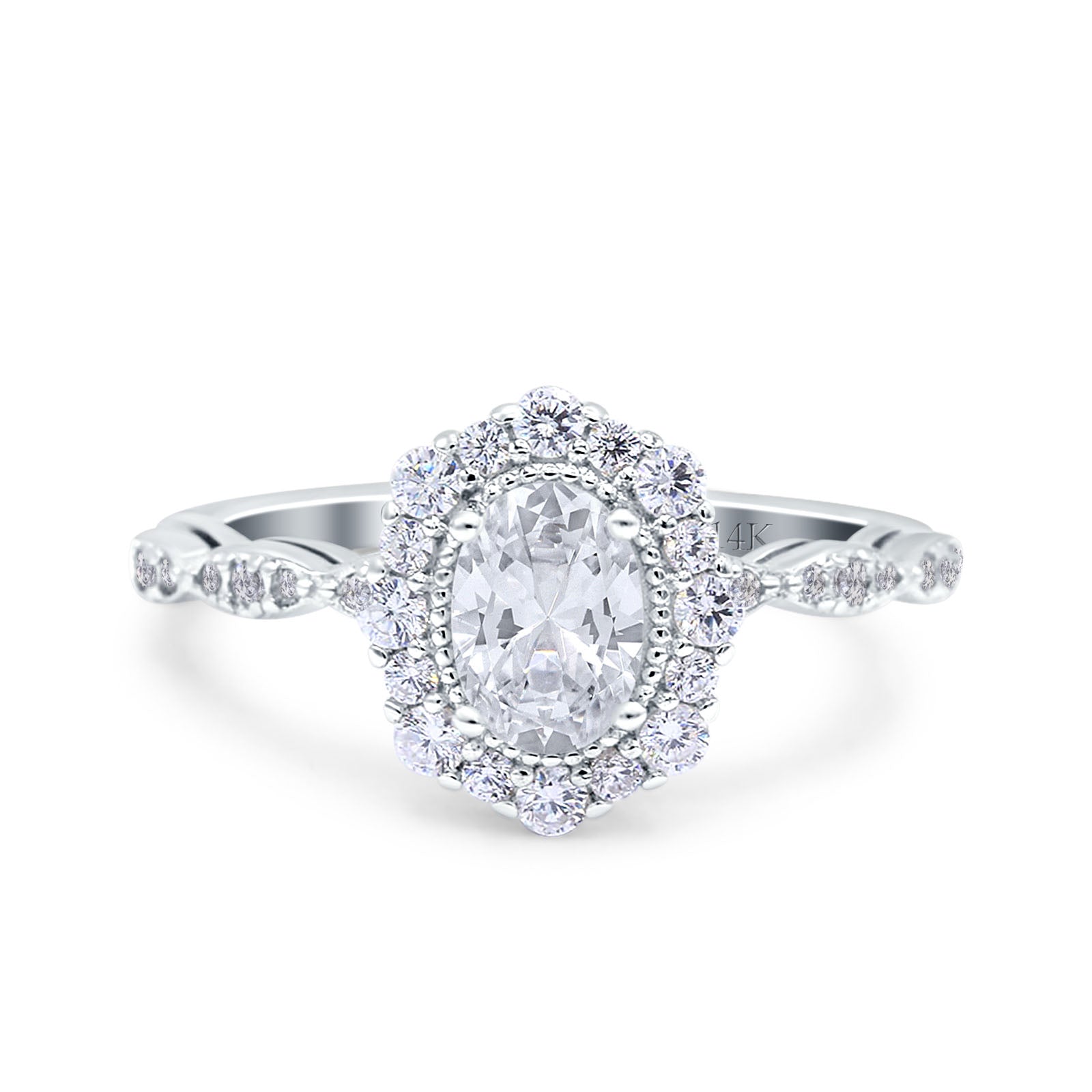 14K Gold Vintage Art Deco Halo Oval Shape Bridal Simulated Cubic Zirconia Wedding Engagement Ring
