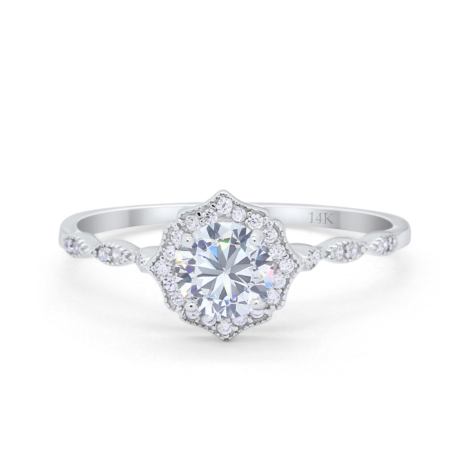 14K Gold Round Shape Petite Dainty Bridal Simulated Cubic Zirconia Wedding Engagement Ring