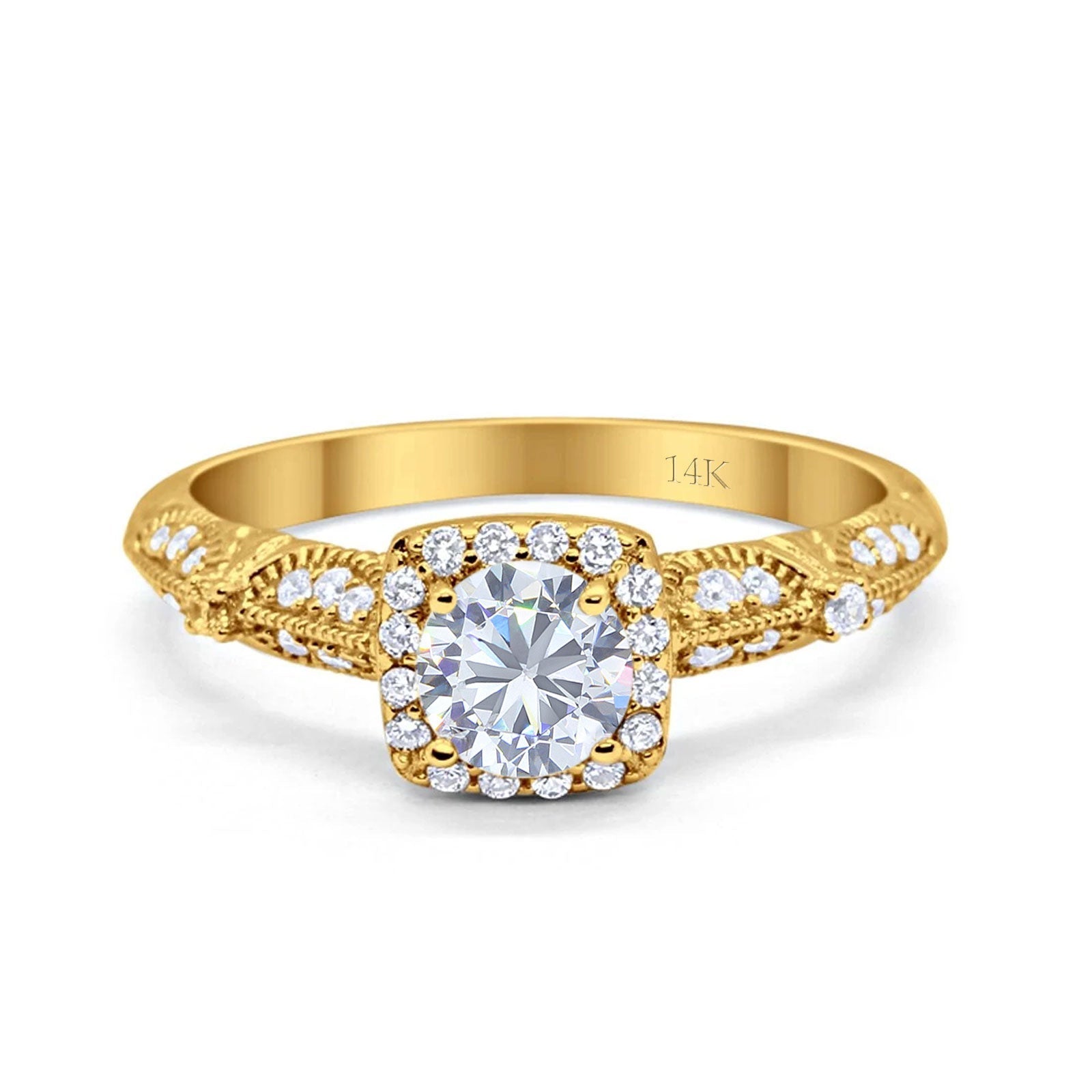 14K Gold Halo Round Shape Simulated Cubic Zirconia Bridal Wedding Engagement Ring