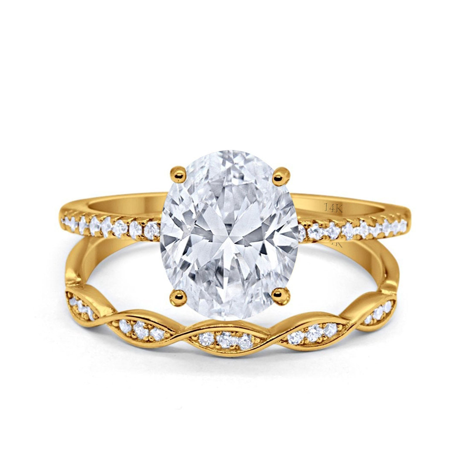 14K Gold Two Piece Oval Shape Bridal Set Band Engagement Simulated CZ Wedding Ring