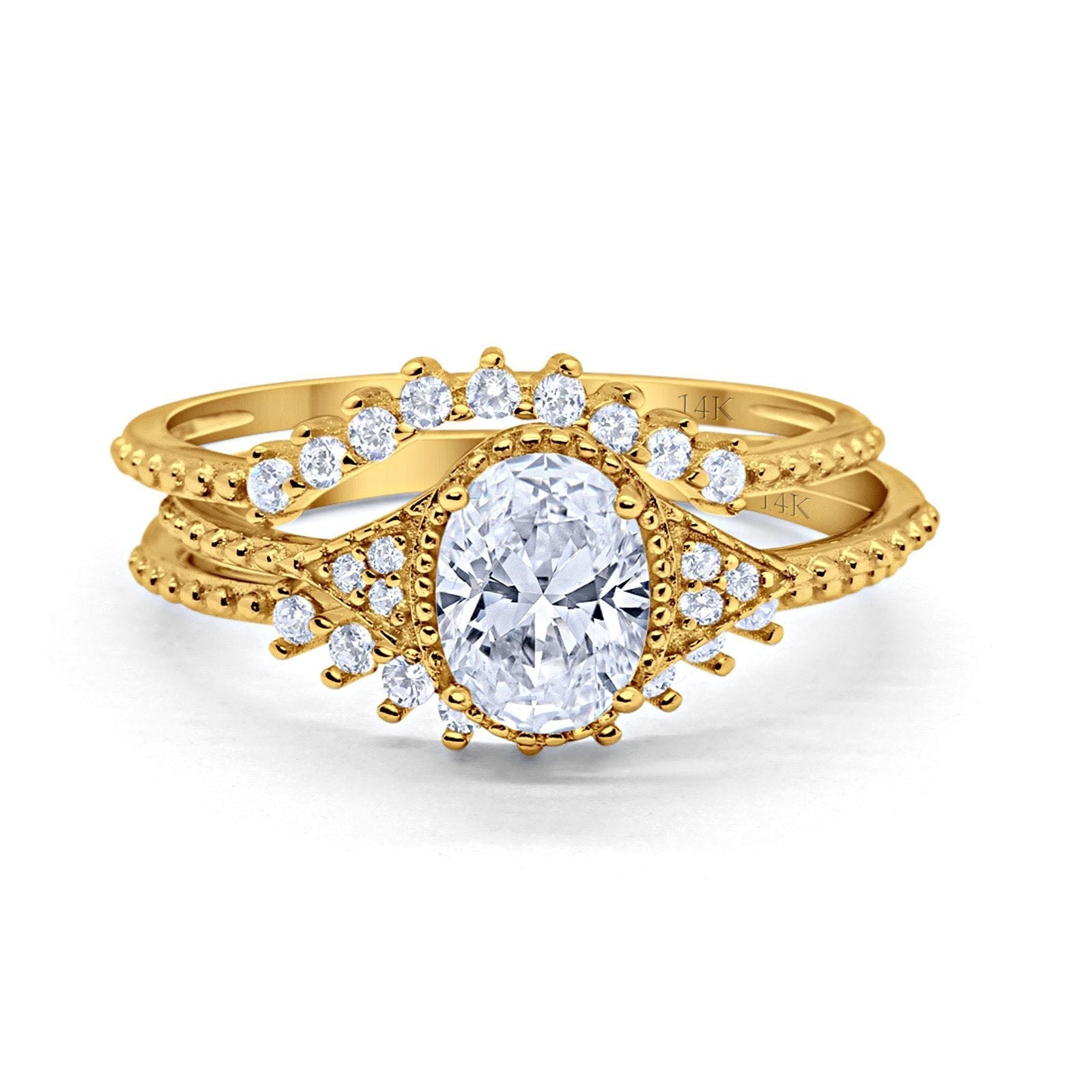 14K Gold Three Piece Art Deco Bridal Set Band Oval Shape Engagement Wedding Ring Simulated Cubic Zirconia