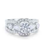 14K Gold Three Piece Wedding Promise Bridal Set Round Shape Simulated CZ Band Engagement Ring