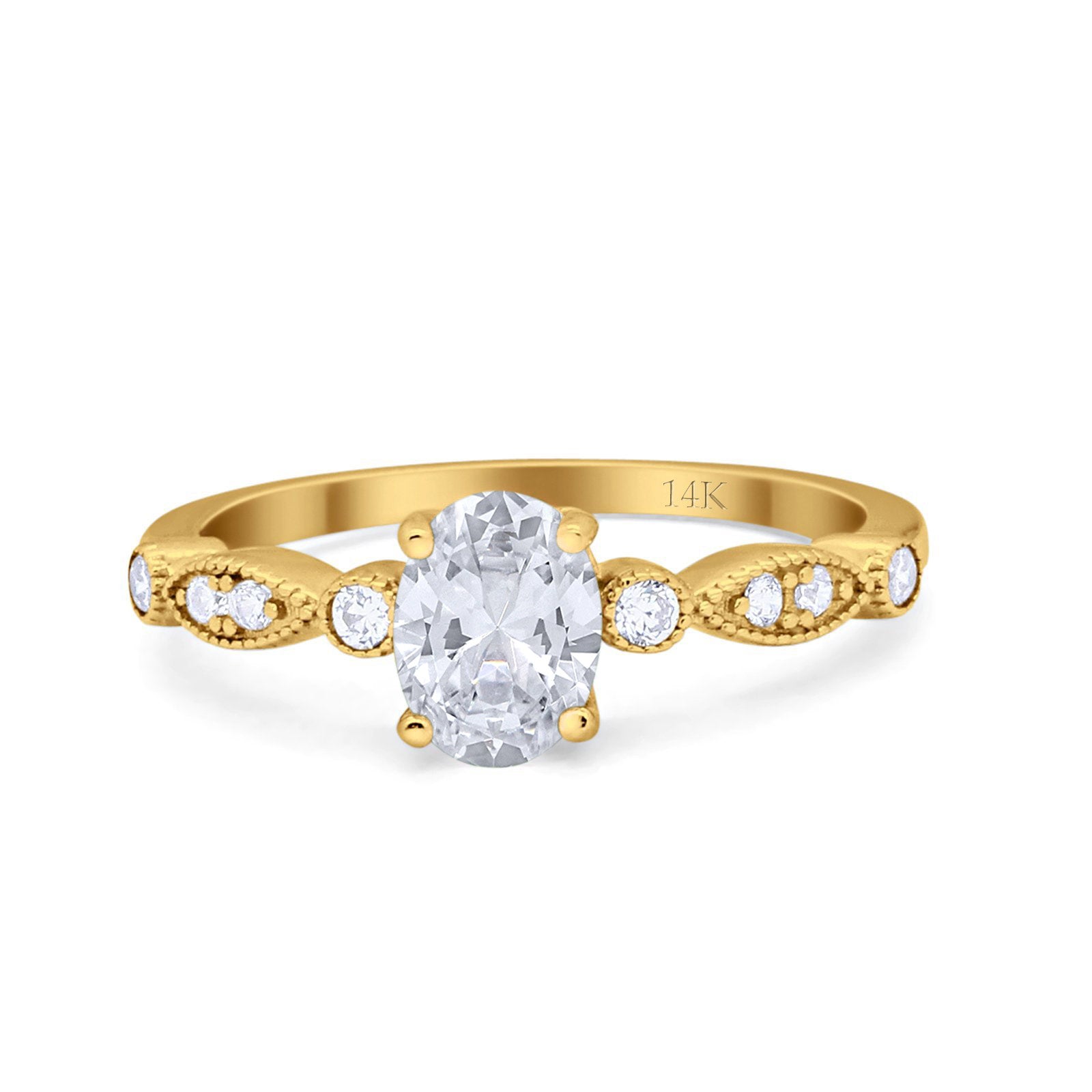 14K Gold Vintage Style Oval Shape Bridal Simulated Cubic Zirconia Wedding Engagement Ring