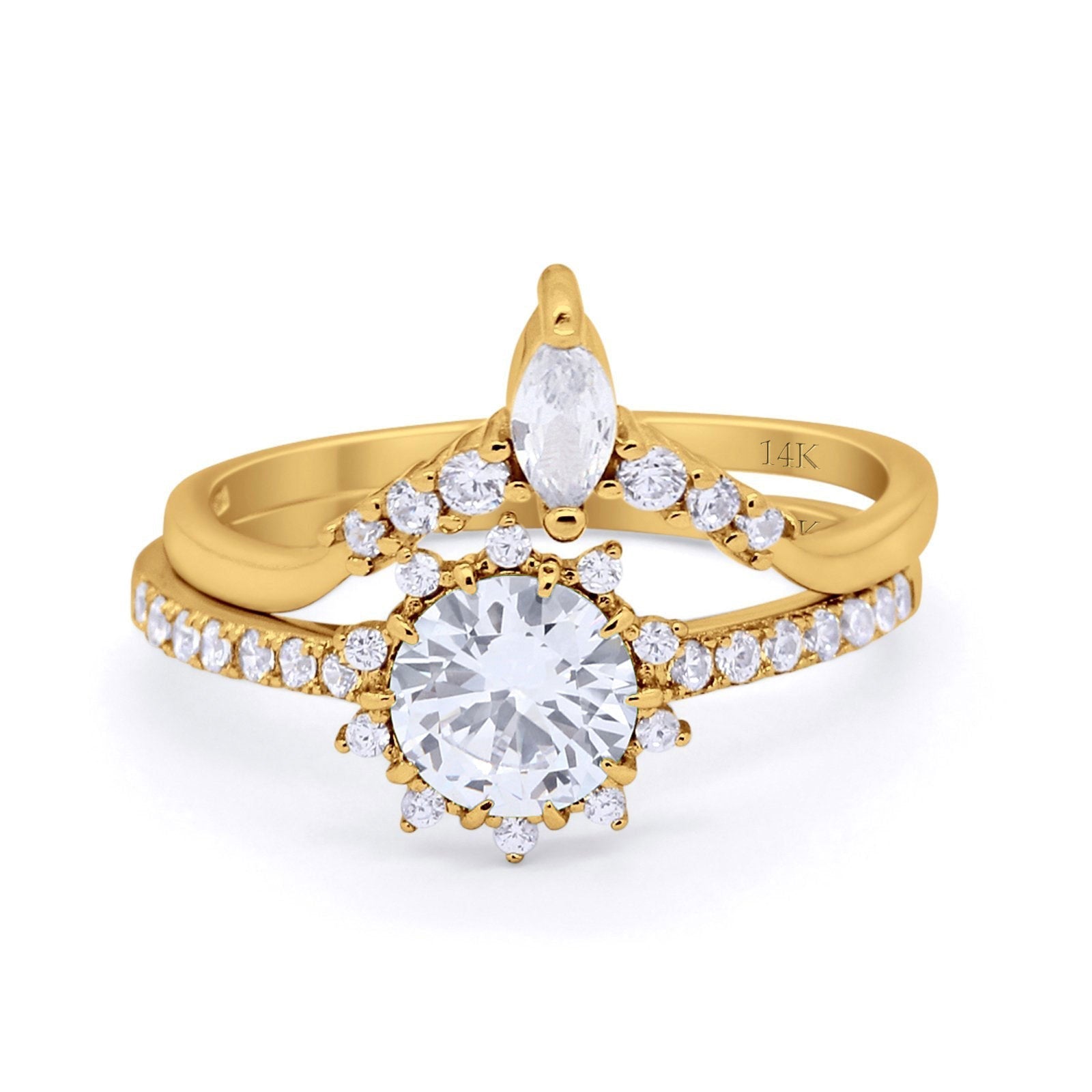 14K Gold Two Piece Art Deco Bridal Set Band Round Shape Simulated Cubic Zirconia Engagement Ring