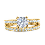 14K Gold Two Piece Solitaire Accent Round Bridal Set Ring Wedding Engagement Band Simulated CZ