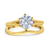 14K Gold Two Piece Vintage Solitaire Round Shape Bridal Set Ring Wedding Band Simulated CZ