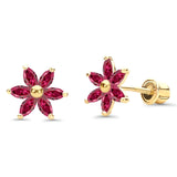 Solid 14K Yellow Gold Flower Stud Earrings Simulated Cubic Zirconia With Screw Back - 3 Different Color Available, Best Anniversary Birthday Gift for Her