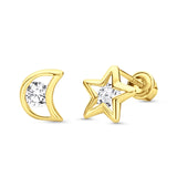 14K Yellow Gold 7mm Open Star and Moon Stud Earrings with Screw Back