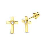 14K White Gold & Yellow Gold Cross Heart Stud Earrings with Screw Back- 2 Different Size Available, Best Birthday Gift for Her
