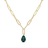 14K Gold 1.10ct Blue Sapphire Pear Pendant Paperclip Chain Necklace 16" Long