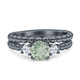 Three Stone Two Piece Bridal Round Beaded Natural Green Amethyst Prasiolite Engagement Ring