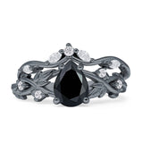 Zweiteiliger birnenförmiger, tropfenförmiger Brautring aus natürlichem schwarzen Onyx aus 925er Sterlingsilber