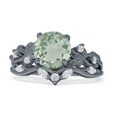 Art Deco Round Natural Green Amethyst Prasiolite Infinity Leaf Design Bridal Ring 925 Sterling Silver