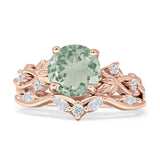 Art Deco Round Natural Green Amethyst Prasiolite Infinity Leaf Design Bridal Ring 925 Sterling Silver