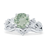 Art Deco Round Natural Green Amethyst Prasiolite Infinity Leaf Design Bridal Ring 925 Sterling Silver