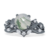 Art Deco Round Natural Green Moss Agate Infinity Leaf Design Bridal Ring 925 Sterling Silver