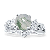 Art Deco Round Natural Green Moss Agate Infinity Leaf Design Bridal Ring 925 Sterling Silver