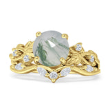 Art Deco Round Natural Green Moss Agate Infinity Leaf Design Bridal Ring 925 Sterling Silver