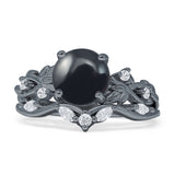 Art Deco Round Natural Black Onyx Infinity Leaf Design Bridal Ring 925 Sterling Silver