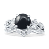 Art Deco Round Natural Black Onyx Infinity Leaf Design Bridal Ring 925 Sterling Silver