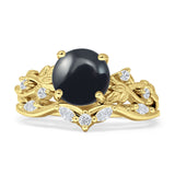 Art Deco Round Natural Black Onyx Infinity Leaf Design Bridal Ring 925 Sterling Silver