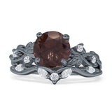 Art Deco Round Natural Chocolate Smoky Quartz Infinity Leaf Design Bridal Ring 925 Sterling Silver