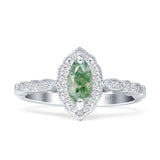 Art Deco Engagement Ring Halo Marquise Natural Green Moss Agate 925 Sterling Silver